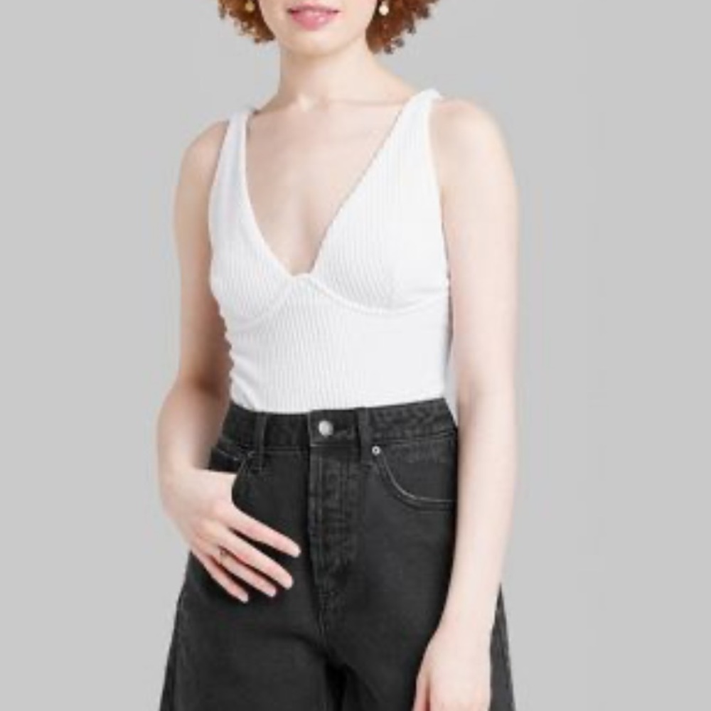 Wild Fable White Tank Thong Bodysuit Underbust Seam V Neck Rib Knit Women XS NEW